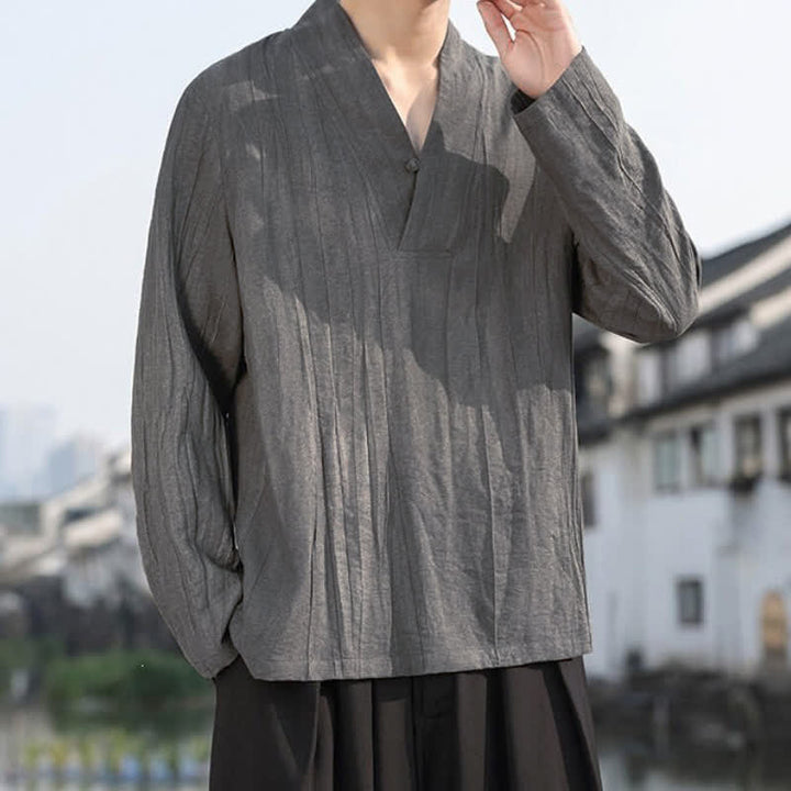 Buddha Stones Spring Fall Casual Tang Style V-Neck Solid Men's Long Sleeve Shirts - image 18