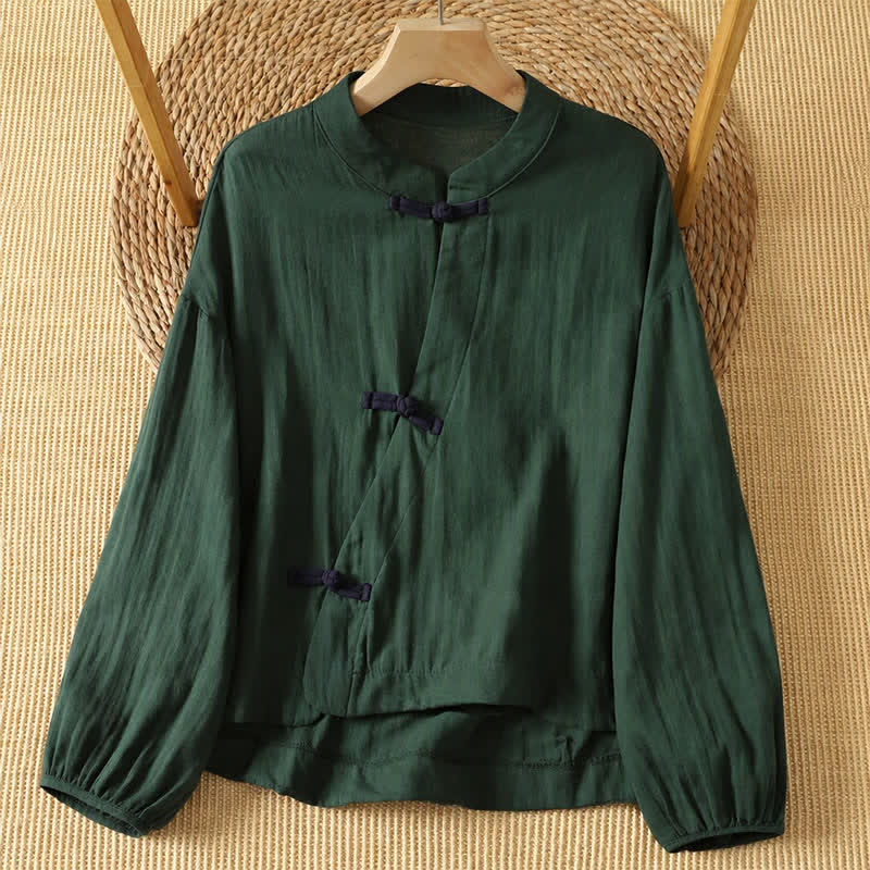 Buddha Stones Spring Summer Vintage Tang Style Frog Button Solid Cotton Linen Women's Long Sleeve Shirts - Teal - US8-10, UK/AU12-14, EU40-42 (2XL) - image 3
