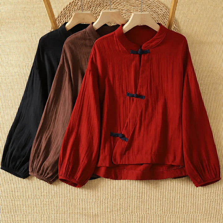 Buddha Stones Spring Summer Vintage Tang Style Frog Button Solid Cotton Linen Women's Long Sleeve Shirts - image 10