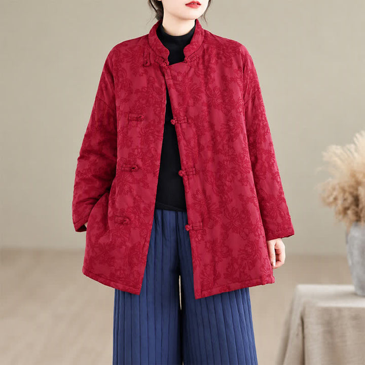 Buddha Stones Fall Winter Vintage Tang Style Mandarin Collar Frog Button Floral Women's Jacket With Pocket - image 5