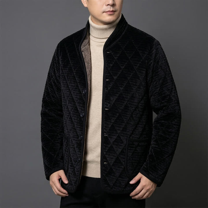 Buddha Stones Fall Winter Basic Classic Rhombus Tang Style Mandarin Collar Solid Corduroy Men's Jacket With Pockets - image 9