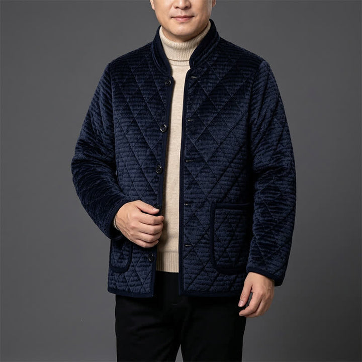 Buddha Stones Fall Winter Basic Classic Rhombus Tang Style Mandarin Collar Solid Corduroy Men's Jacket With Pockets - image 2