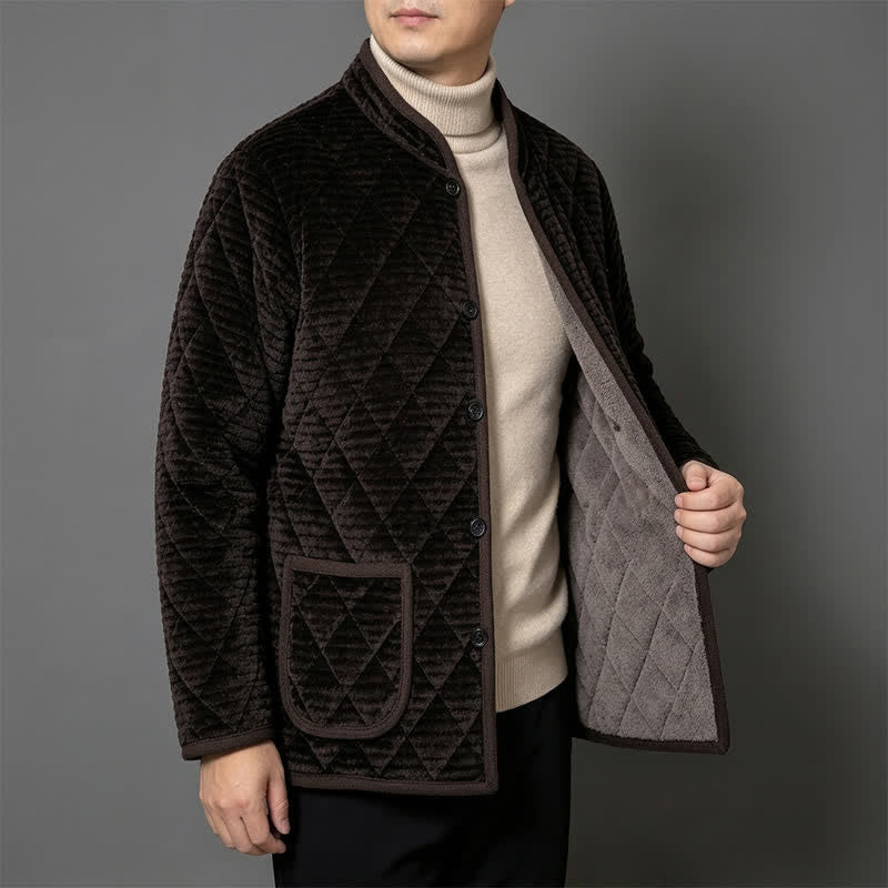 Buddha Stones Fall Winter Basic Classic Rhombus Tang Style Mandarin Collar Solid Corduroy Men's Jacket With Pockets - image 13