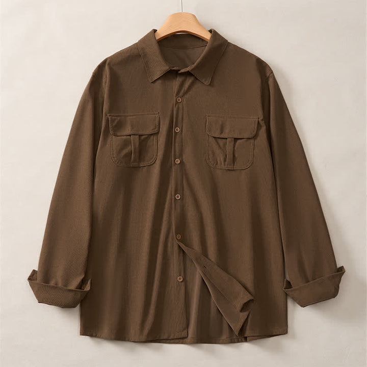 Buddha Stones Spring Casual Simple Solid Corduroy Men's Long Sleeve Shirts With Patch Pockets - image 1