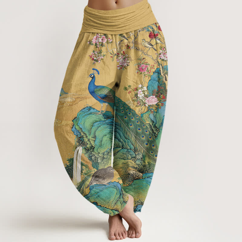 Buddha Stones Cotton Scenic Peacock Flower Pattern Women's Elastic Waist Harem Pants - Goldenrod - US16，UK/AU20，EU48 (3XL) - image 0