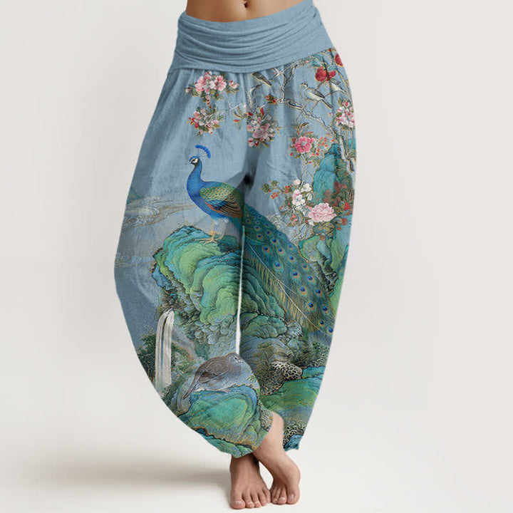 Buddha Stones Cotton Scenic Peacock Flower Pattern Women's Elastic Waist Harem Pants - LightBlue - US16，UK/AU20，EU48 (3XL) - image 5