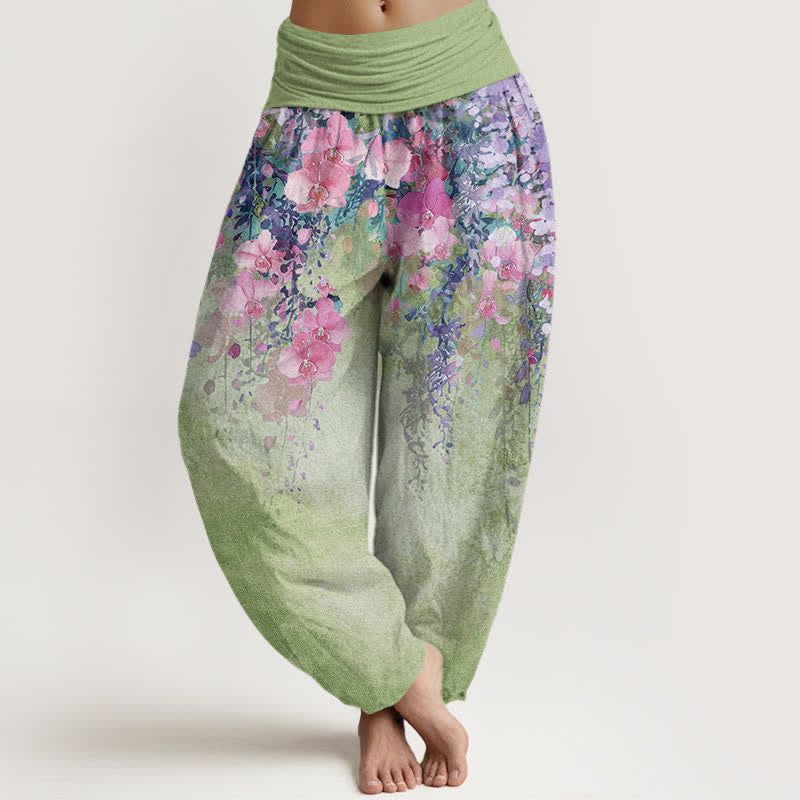 Buddha Stones Cotton Artistic Garden Bloom Pattern Women's Elastic Waist Harem Pants - YellowGreen - US16，UK/AU20，EU48 (3XL) - image 5