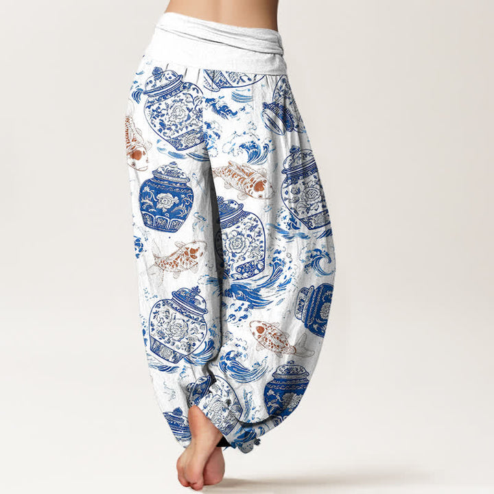 Buddha Stones Cotton Blue White Bottle Floral and Koi Fish Pattern Women's Elastic Waist Harem Pants - image 1