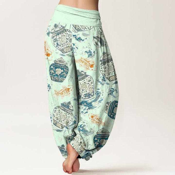 Buddha Stones Cotton Blue White Bottle Floral and Koi Fish Pattern Women's Elastic Waist Harem Pants - image 6