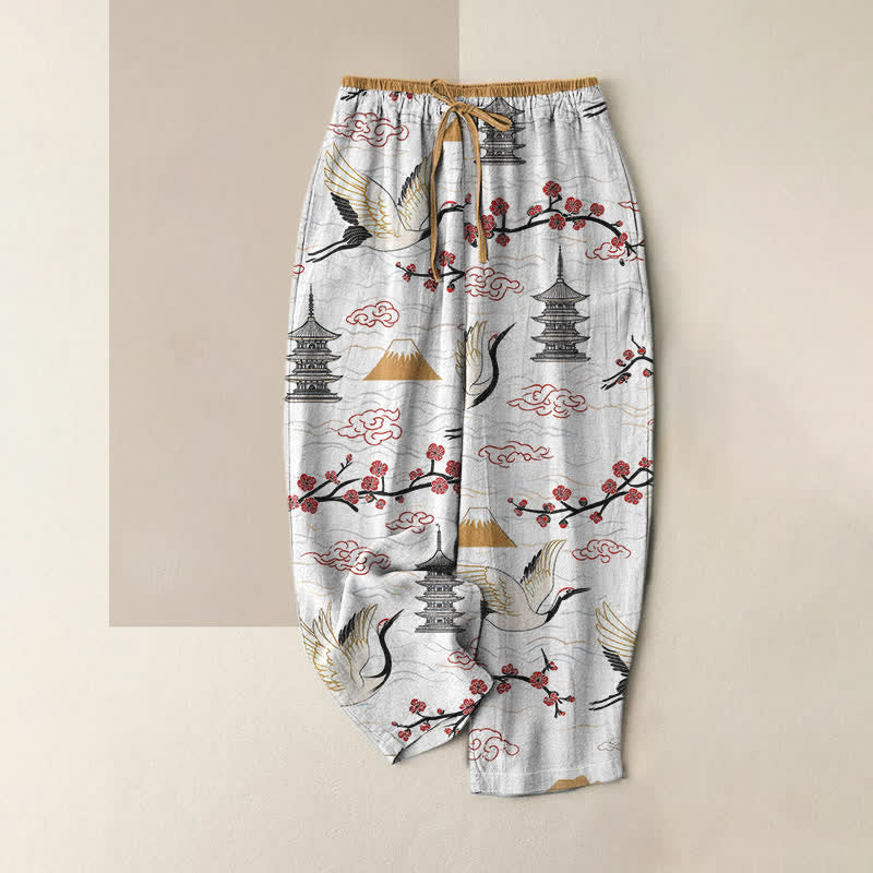Buddha Stones Pure Cotton Serene Mountain Crane Pattern Women's Elastic Waist Pants With Pockets - FloralWhite - US16，UK/AU20，EU48 (3XL) - image 0