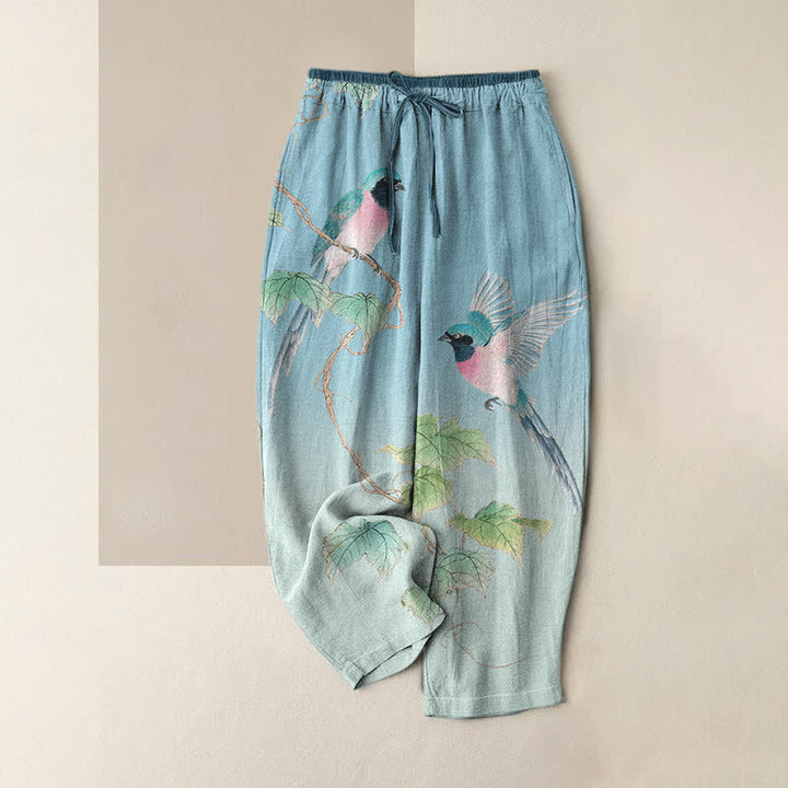 Buddha Stones Pure Cotton Elegant Bird Branch Pattern Women's Elastic Waist Pants With Pockets - LightBlue - US16，UK/AU20，EU48 (3XL) - image 0
