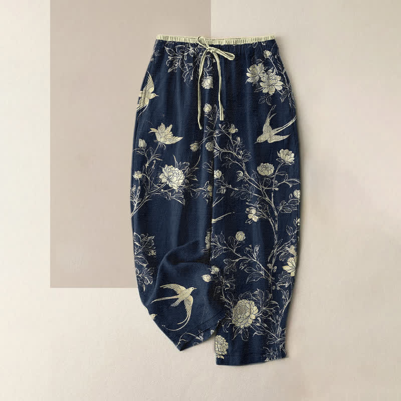 Buddha Stones Pure Cotton Botanical Bloom Bird Pattern Women's Elastic Waist Pants With Pockets - MidnightBlue - US16，UK/AU20，EU48 (3XL) - image 0