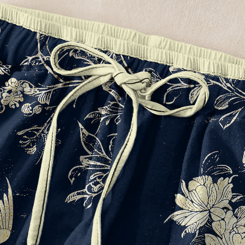 Buddha Stones Pure Cotton Botanical Bloom Bird Pattern Women's Elastic Waist Pants With Pockets - image 1