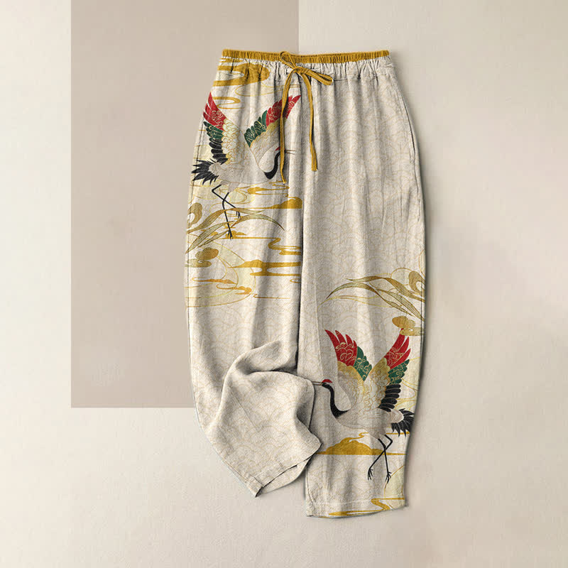 Buddha Stones Pure Cotton Crane And Cloud Pattern Women's Elastic Waist Pants With Pockets - Beige - US16，UK/AU20，EU48 (3XL) - image 0