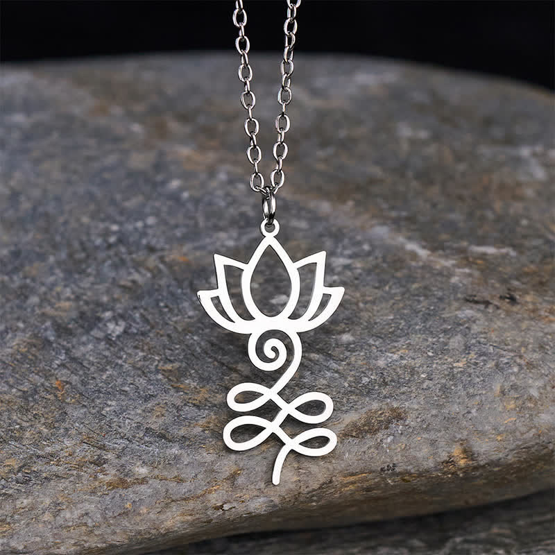 Buddha Stones Titanium Steel Minimalist Cutout Lotus Pendant Enlightenment Necklace - Silver - image 0
