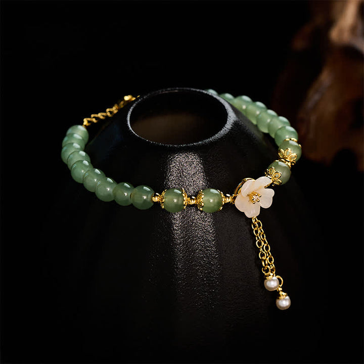 Buddha Stones Copper Hetian Jade Inspired Luck Flower Pearl Charm Bracelet - image 3
