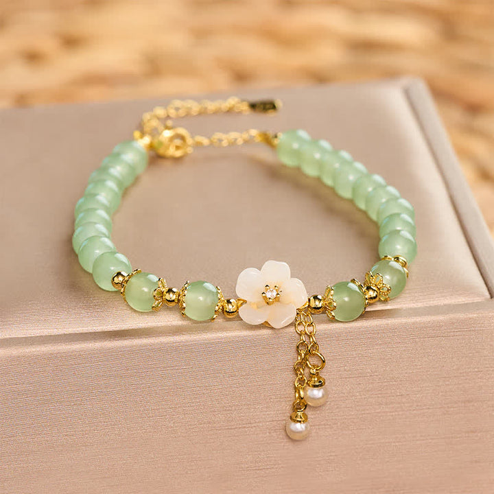 Buddha Stones Copper Hetian Jade Inspired Luck Flower Pearl Charm Bracelet - image 4