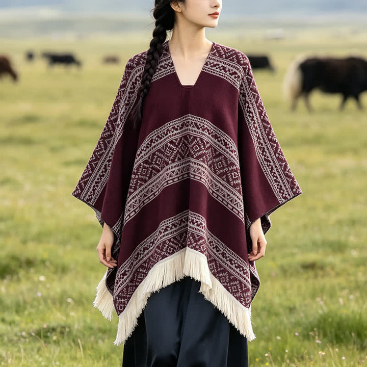 Buddha Stones Fall Winter Boho Geometric Stripe Tassel Women's Shawl - Maroon - 150*136 - image 13