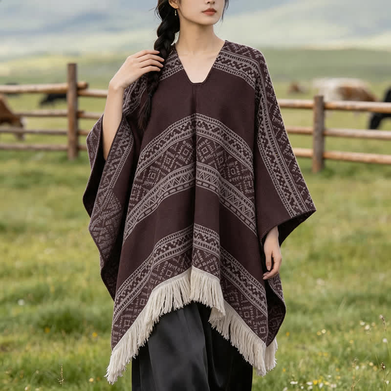 Buddha Stones Fall Winter Boho Geometric Stripe Tassel Women's Shawl - SaddleBrown - 150*136 - image 21