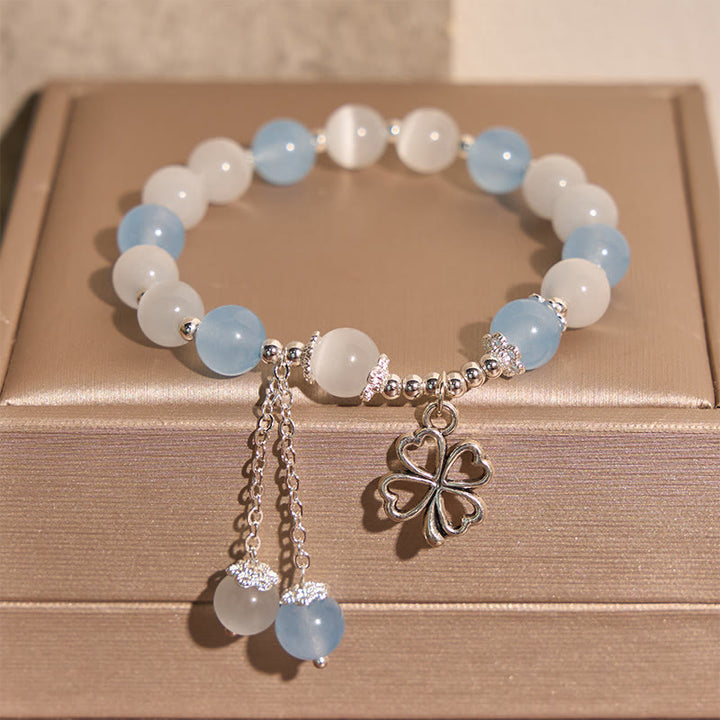 Buddha Stones Aquamarine Cat's Eye Heart-shaped Four-leaf Clover Healing Bracelet - image 1