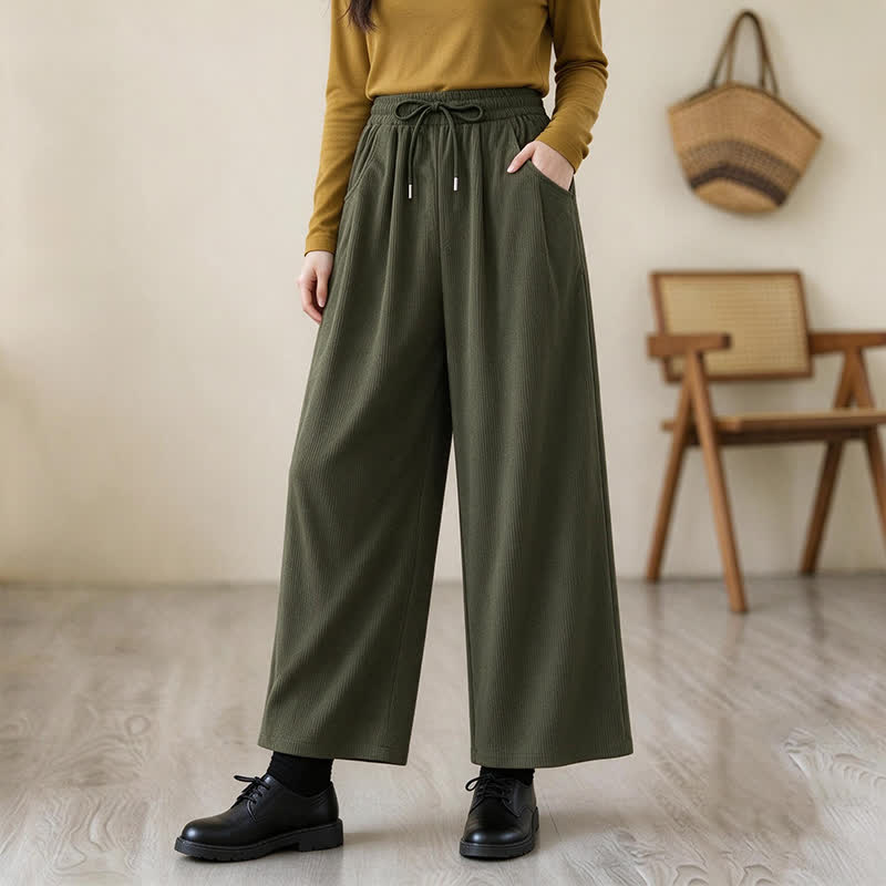 Buddha Stones Fall Winter Casual Minimalist Drawstring Solid Long Pants Corduroy Women's Straight Leg Pants With Pockets - image 2