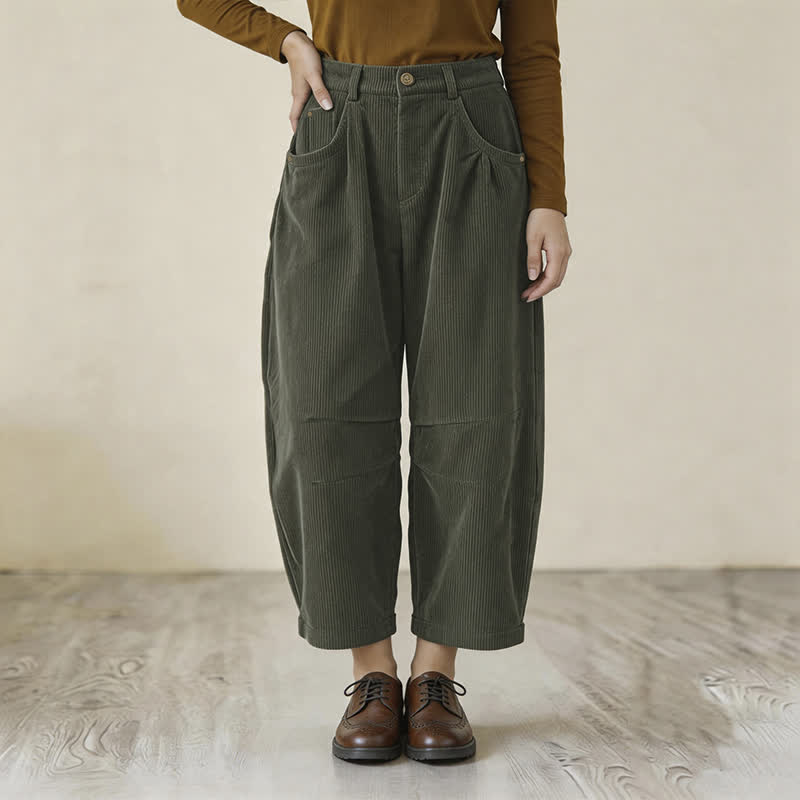 Buddha Stones Fall Vintage Casual Button-Up Zipper Design Solid Corduroy Ankle Pants Women's Harem Pants With Pockets - image 1