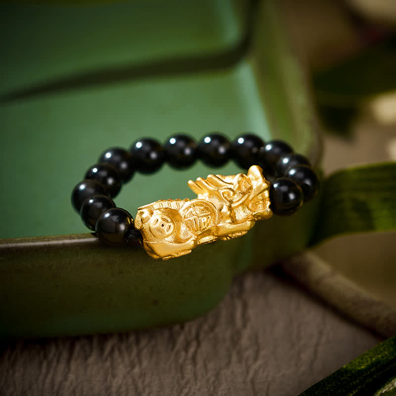Buddha Stones Black Obsidian Copper Pi Xiu Mini Stretch Beaded Ring for Strength and Energy - Large: Fits US 8–10 - image 0