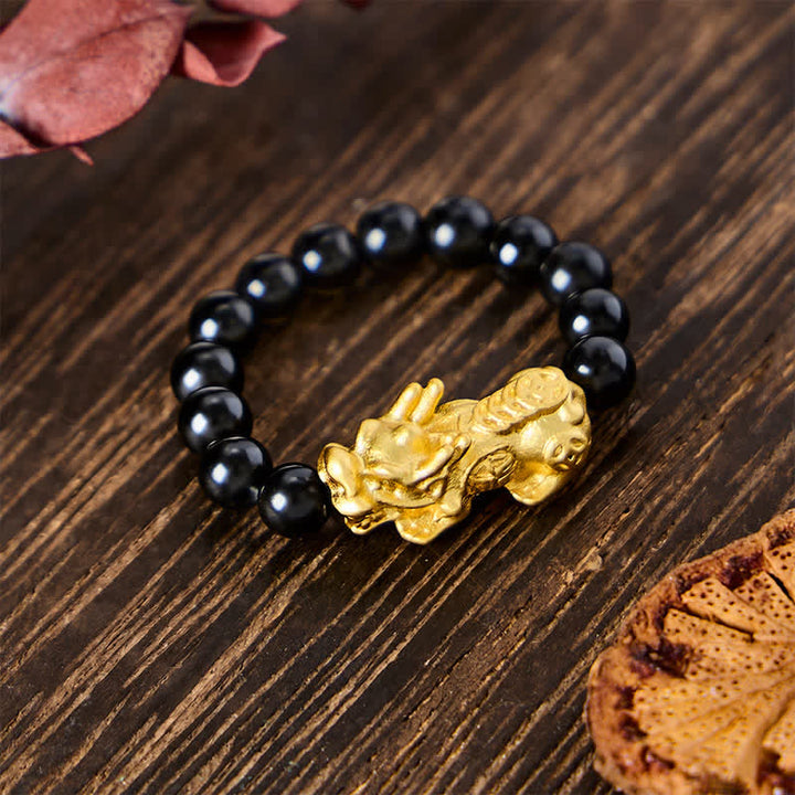 Buddha Stones Black Obsidian Copper Pi Xiu Mini Stretch Beaded Ring for Strength and Energy - image 3
