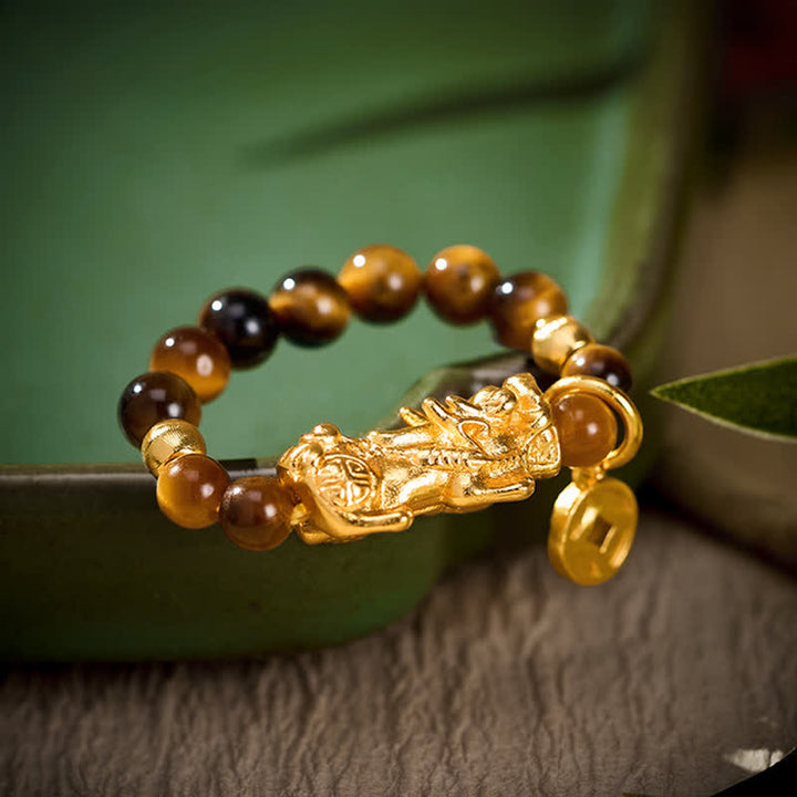 Buddha Stones Tiger Eye Pi Xiu Wealth Chinese Coin Mini Stretch Beaded Ring - Fits US Size 6–8(52-55mm) - image 0
