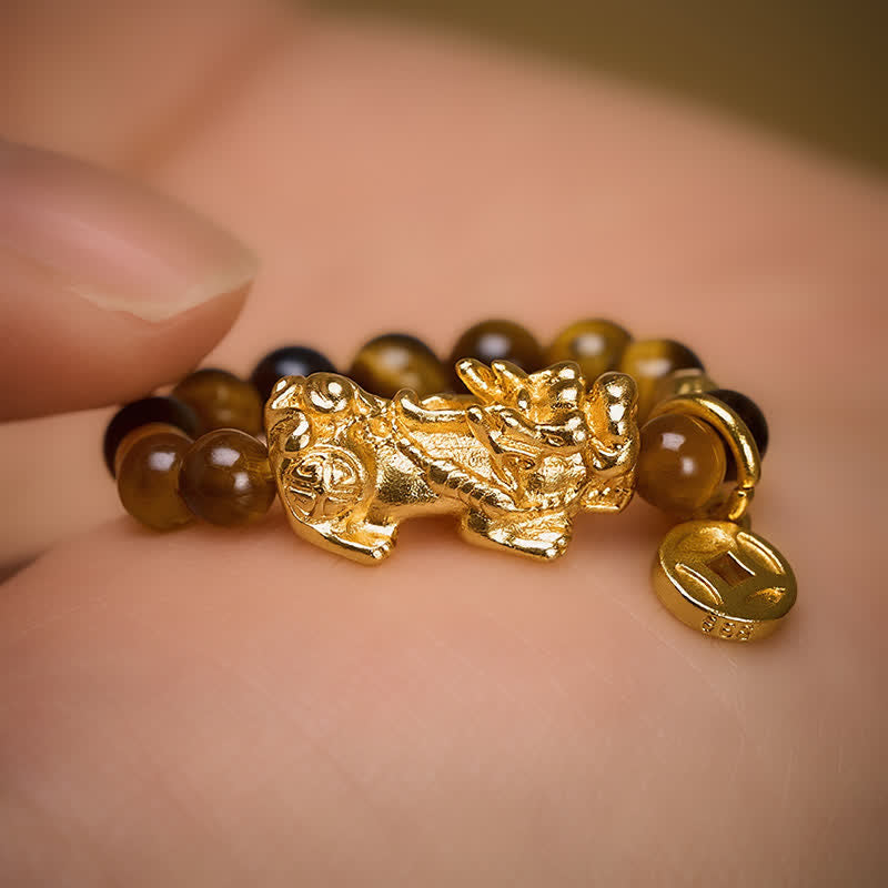 Buddha Stones Tiger Eye Pi Xiu Wealth Chinese Coin Mini Stretch Beaded Ring - image 2