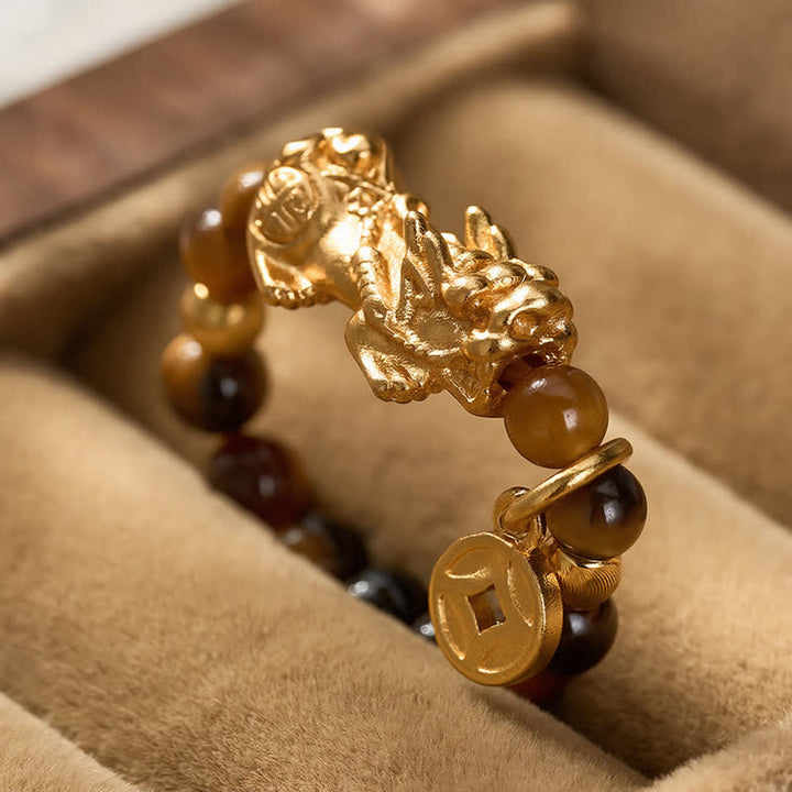 Buddha Stones Tiger Eye Pi Xiu Wealth Chinese Coin Mini Stretch Beaded Ring - image 3