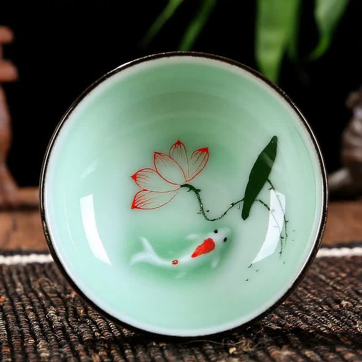 Buddha Stones Hand-Painted Koi Fish Lotus Ceramic Prosperity Tea Cup - Blooming Lotus - image 0