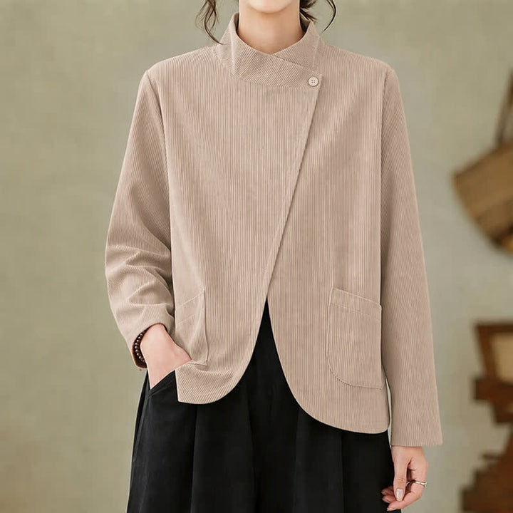Buddha Stones Fall Winter Casual Mandarin Collar Asymmetric Front Solid Corduroy Women's Long Sleeve Shirts With Pockets - Beige - US12, UK/AU16, EU44 (3XL) - image 10