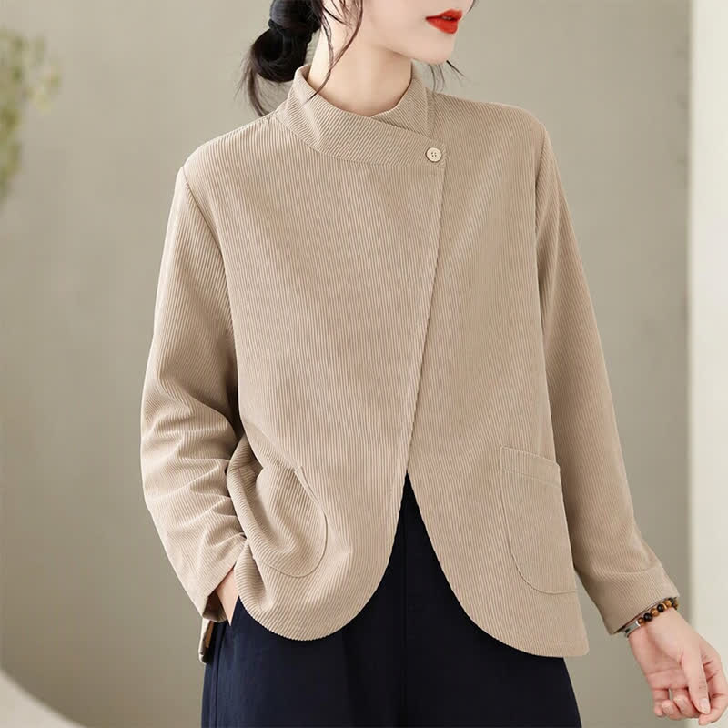 Buddha Stones Fall Winter Casual Mandarin Collar Asymmetric Front Solid Corduroy Women's Long Sleeve Shirts With Pockets - image 11
