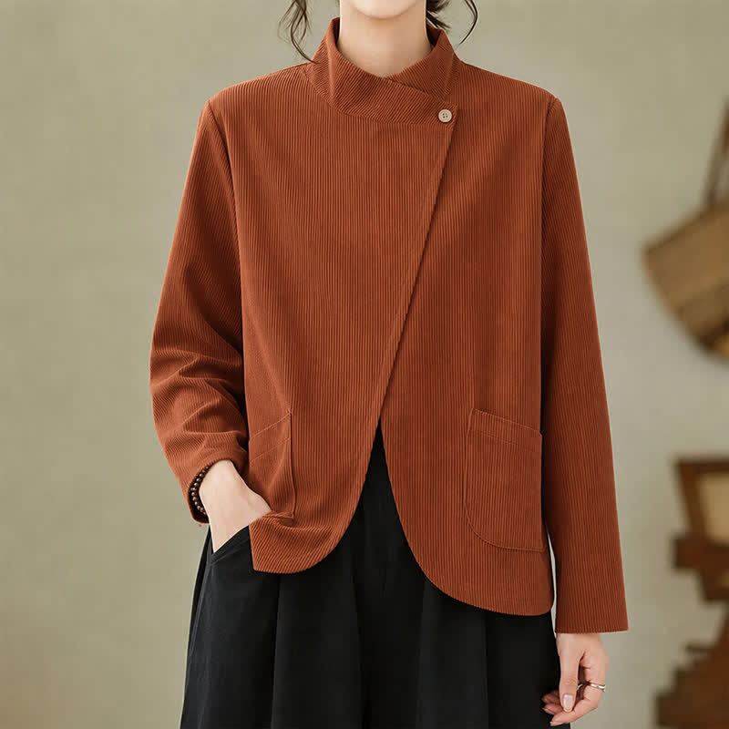 Buddha Stones Fall Winter Casual Mandarin Collar Asymmetric Front Solid Corduroy Women's Long Sleeve Shirts With Pockets - image 1