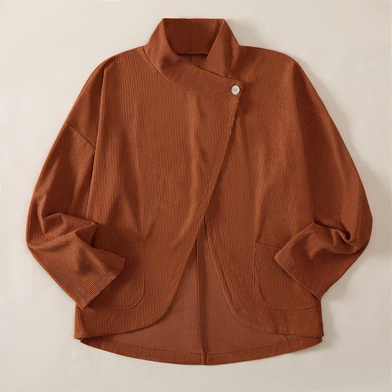 Buddha Stones Fall Winter Casual Mandarin Collar Asymmetric Front Solid Corduroy Women's Long Sleeve Shirts With Pockets - image 3