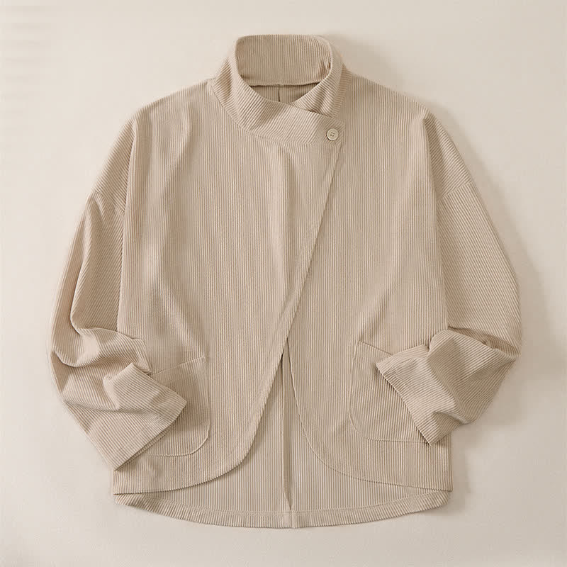 Buddha Stones Fall Winter Casual Mandarin Collar Asymmetric Front Solid Corduroy Women's Long Sleeve Shirts With Pockets - image 13