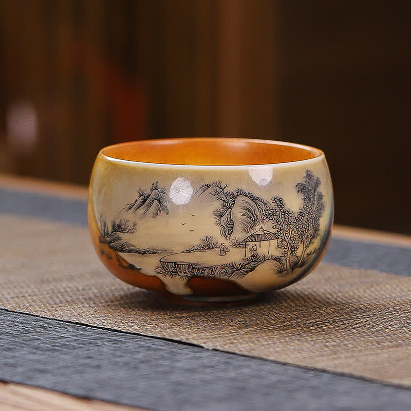 Buddha Stones Vintage Lotus Landscape Ceramic Enlightenment Tea Cup - Pavilion - image 3