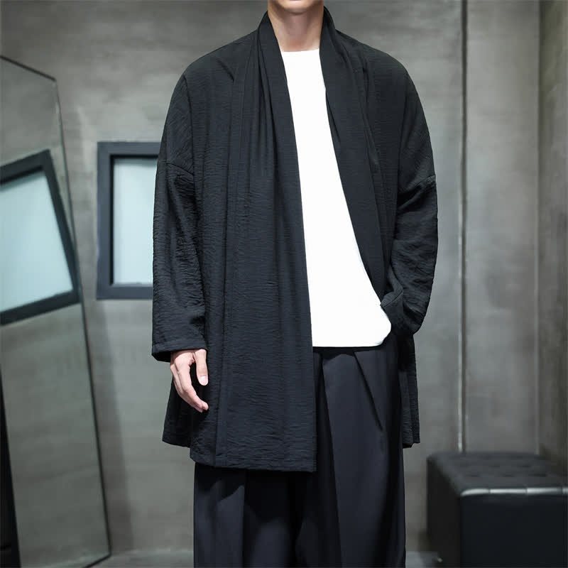 Buddha Stones Fall Classic Minimalist Solid Men's Kimono With Pocket - Black - US/UK/AU46，EU56 (3XL) - image 20