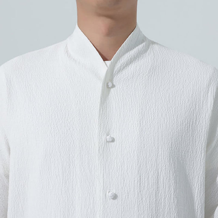 Buddha Stones Fall Classic Tang Style Button-Up Side Slit Solid Men's Long Sleeve Shirts - image 18