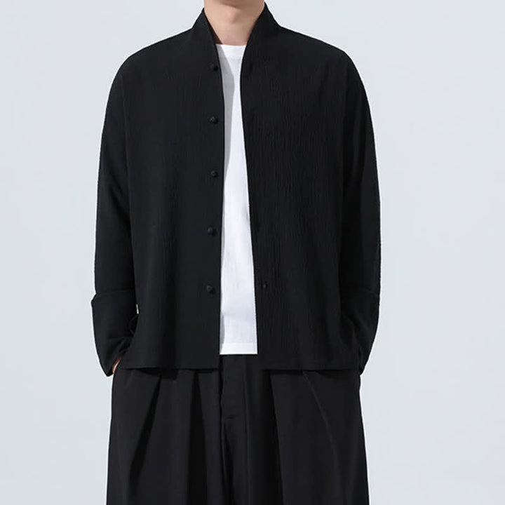 Buddha Stones Fall Classic Tang Style Button-Up Side Slit Solid Men's Long Sleeve Shirts - image 24