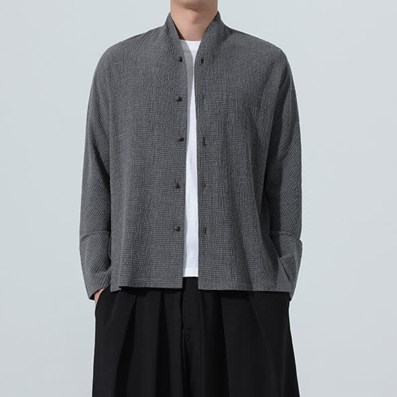 Buddha Stones Fall Classic Tang Style Button-Up Side Slit Solid Men's Long Sleeve Shirts - image 6