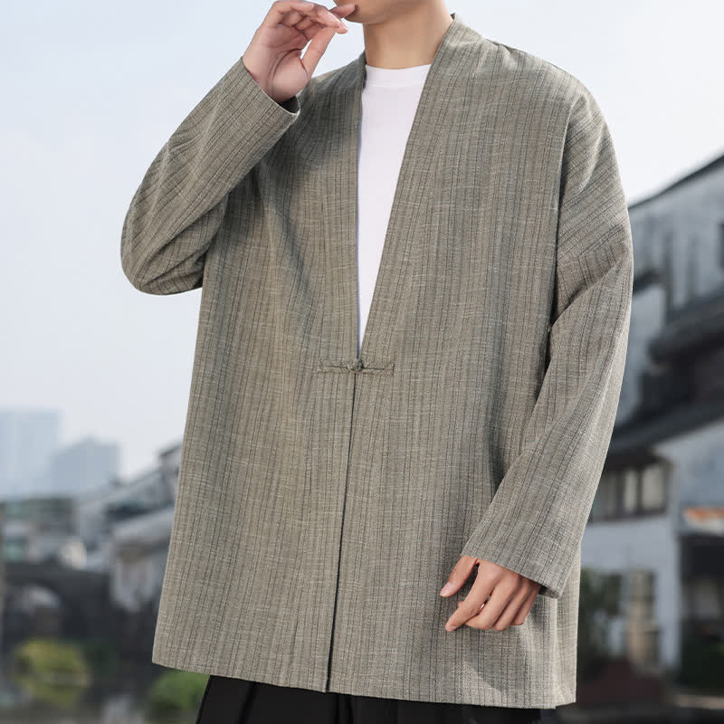 Buddha Stones Spring Tang Style Minimalist One Frog Button Solid Men's Kimono - image 6