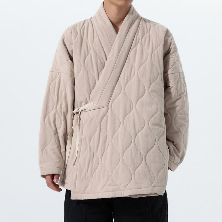 Buddha Stones Fall Winter Minimalist Tang Style Wrap-front Drawstring Thickened Padded Design Solid Men's Kimono With Pockets - Beige - US/UK/AU46，EU56 (5XL) - image 26