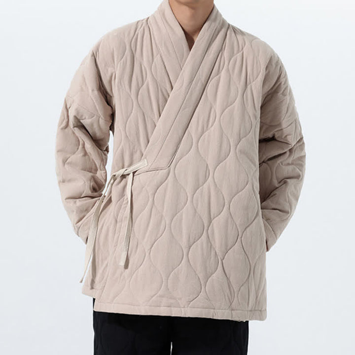 Buddha Stones Fall Winter Minimalist Tang Style Wrap-front Drawstring Thickened Padded Design Solid Men's Kimono With Pockets - image 33