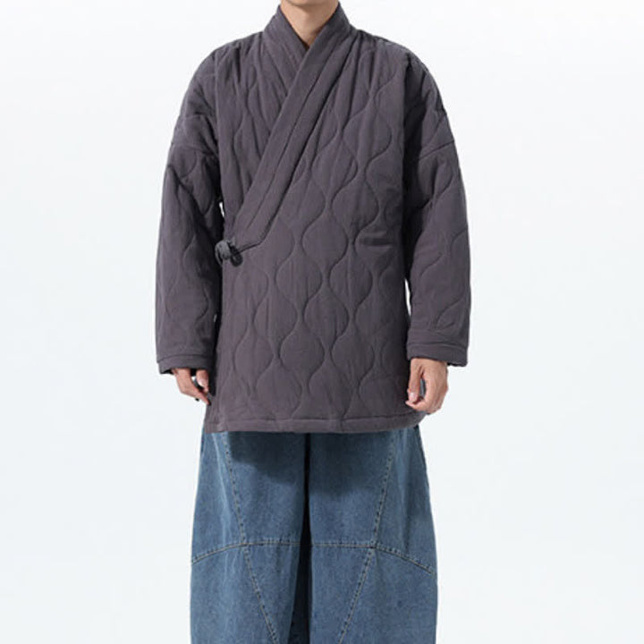 Buddha Stones Fall Winter Minimalist Tang Style Wrap-front Drawstring Thickened Padded Design Solid Men's Kimono With Pockets - image 17