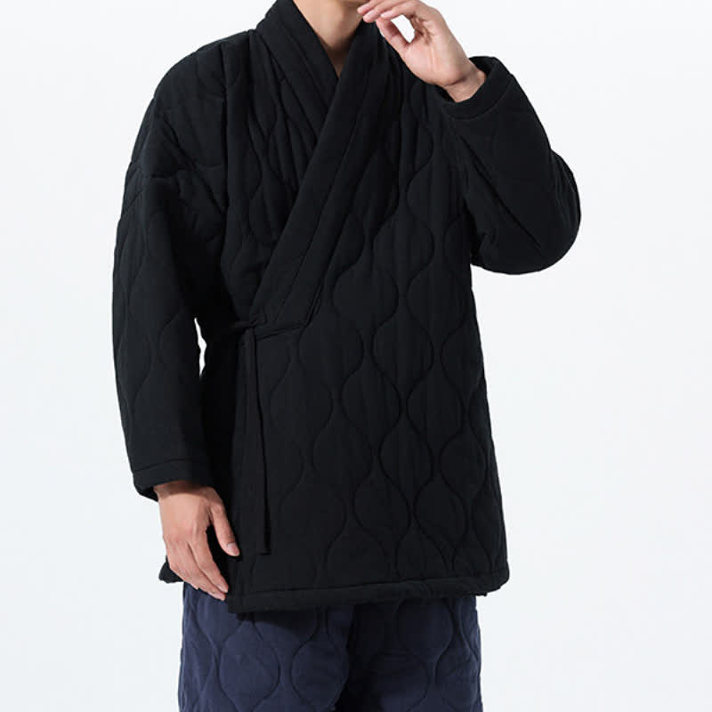 Buddha Stones Fall Winter Minimalist Tang Style Wrap-front Drawstring Thickened Padded Design Solid Men's Kimono With Pockets - image 19
