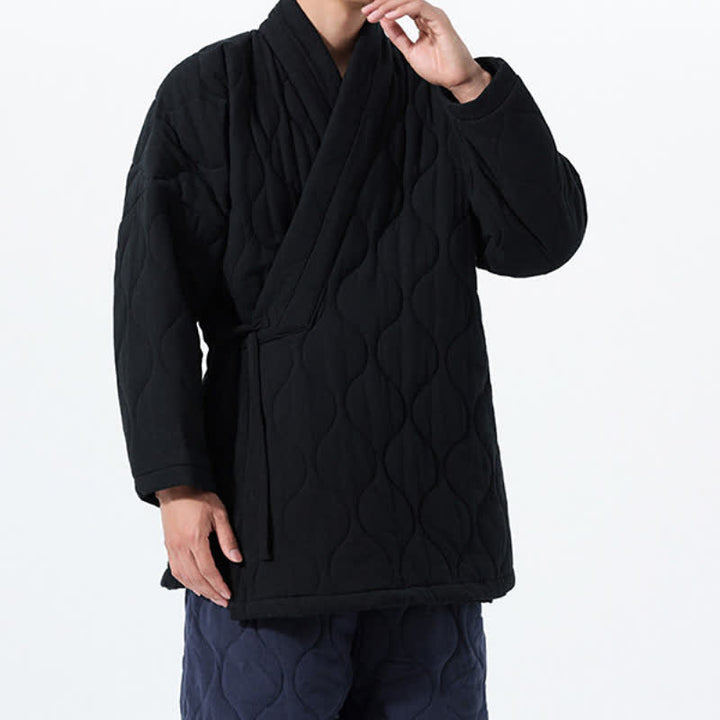 Buddha Stones Fall Winter Minimalist Tang Style Wrap-front Drawstring Thickened Padded Design Solid Men's Kimono With Pockets - image 19