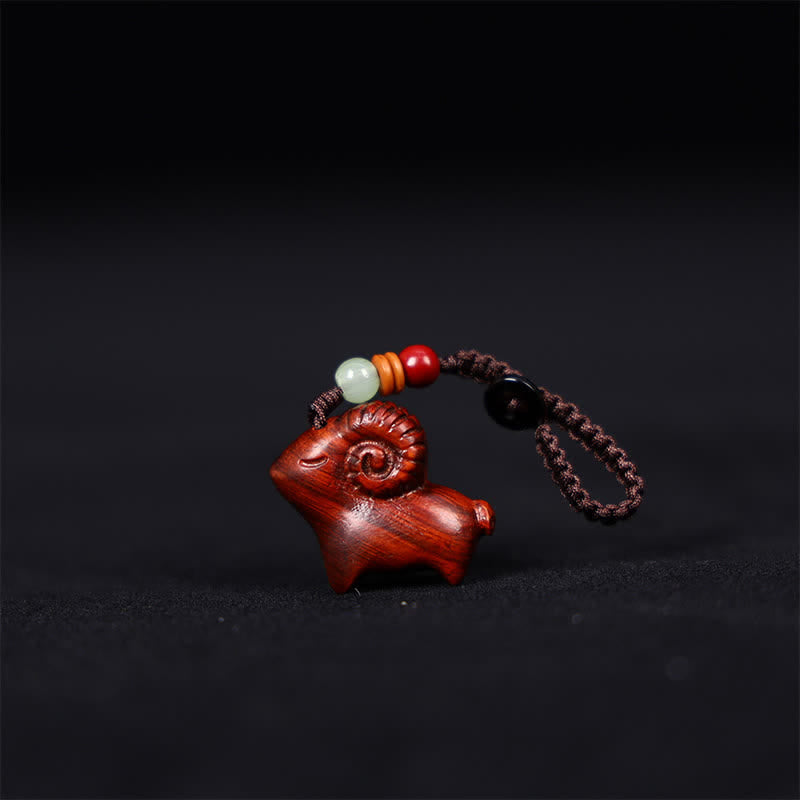 Buddha Stones Red Sandalwood Green Sandalwood Goat Luck Hand-Carved Fortune Keychains - Braided Rope - Red Sandalwood - image 0