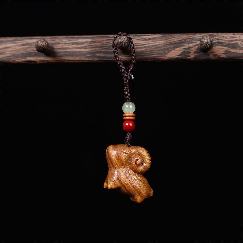 Buddha Stones Red Sandalwood Green Sandalwood Goat Luck Hand-Carved Fortune Keychains - Braided Rope - Green Sandalwood - image 1